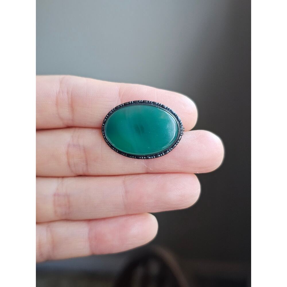 Vintage Art Deco Sterling Germany Dyed Green Onyx Cabochon Brooch Pin